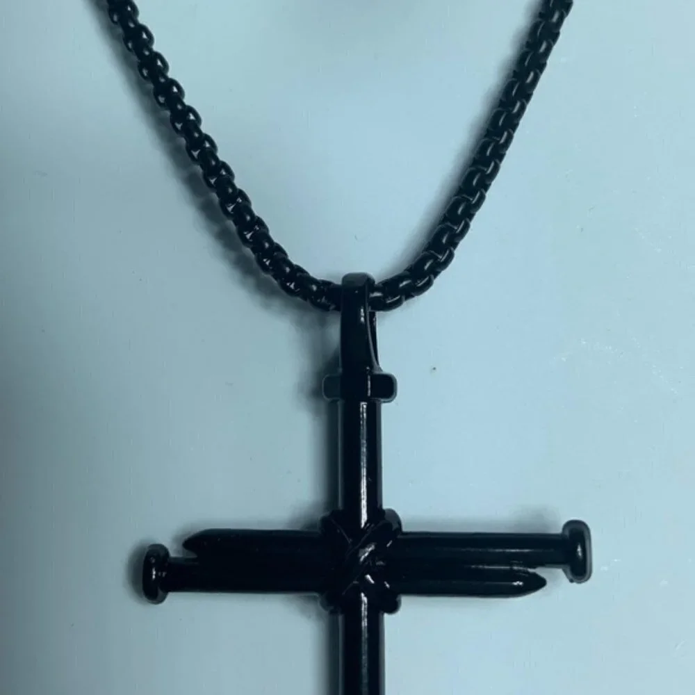 Cross 3 Nail Necklace Statement Piece Pendant Chain and Gift Pouch Black